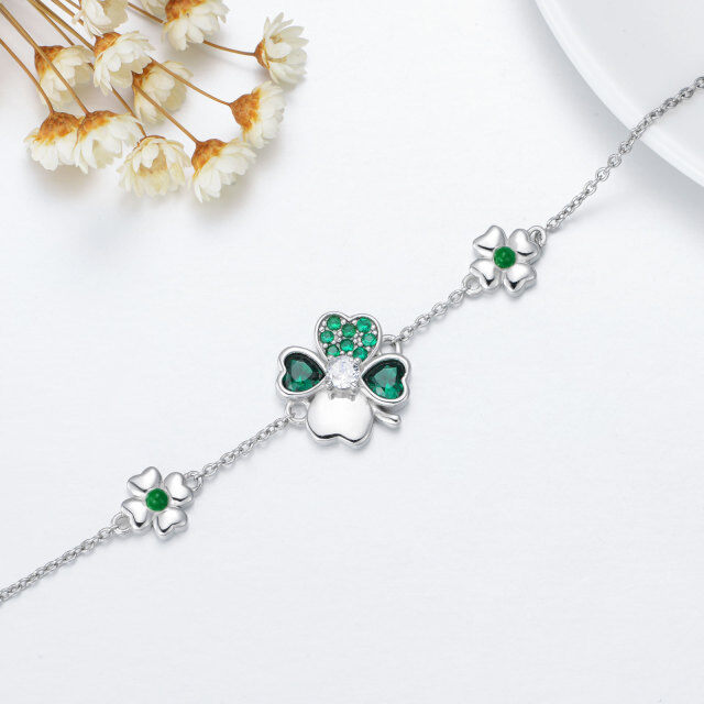 Sterling Silver Cubic Zirconia Four-leaf Clover Multi-layered Anklet-4