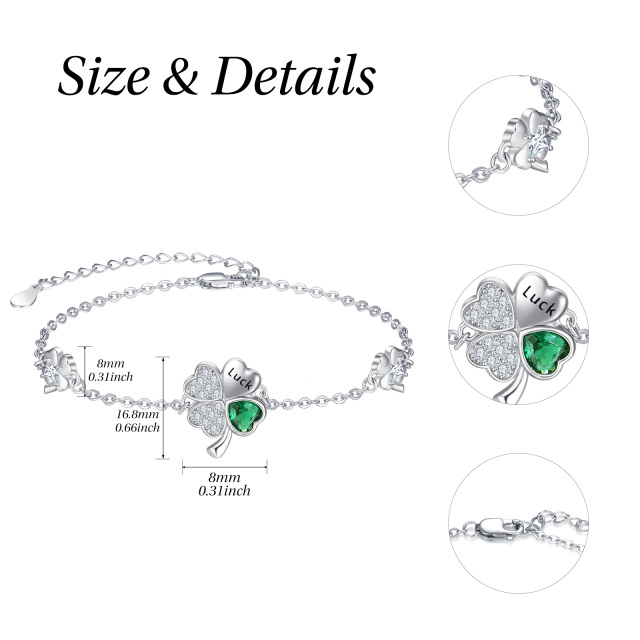 Sterling Silver Cubic Zirconia Four Leaf Clover Pendant Bracelet with Engraved Word-6