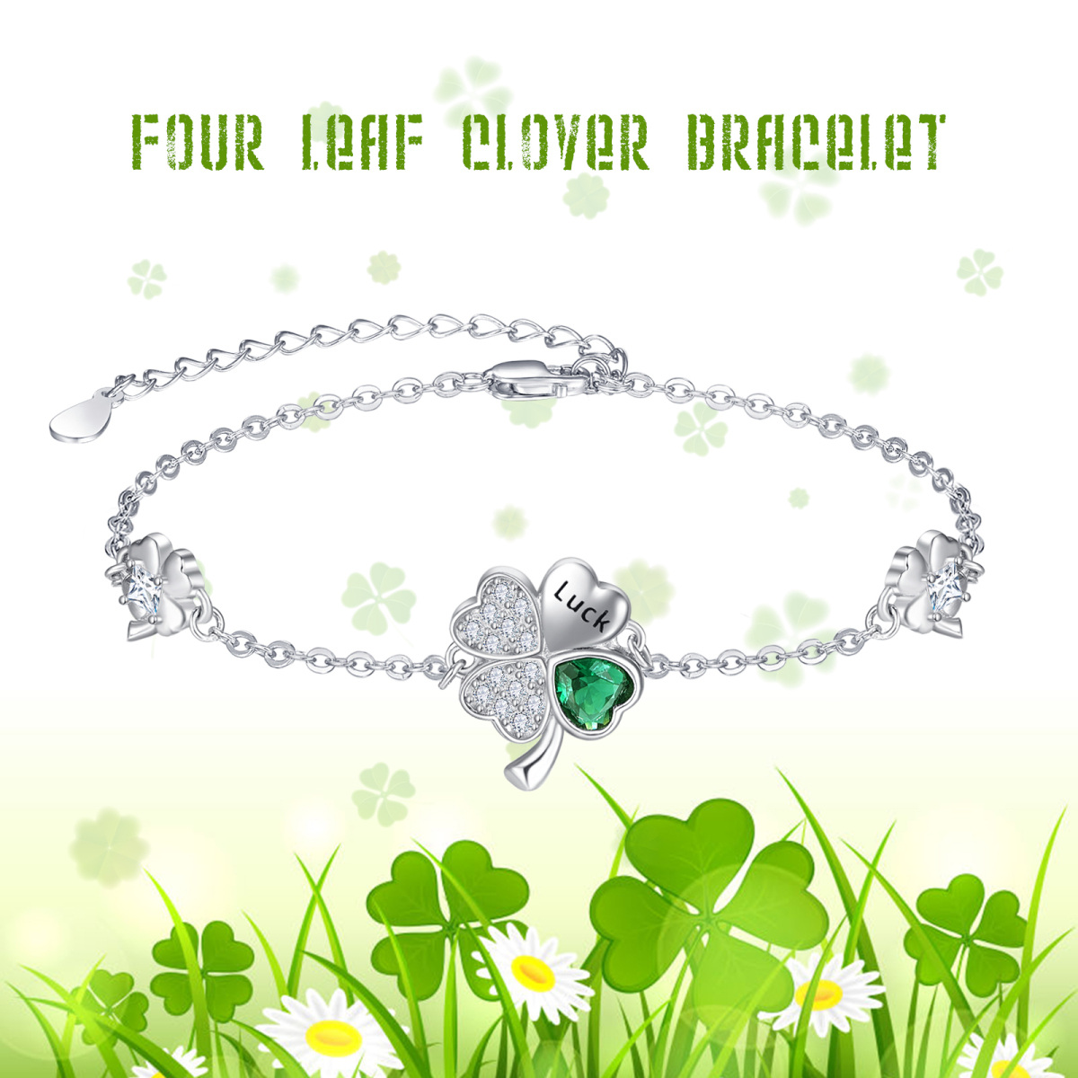 Sterling Silver Cubic Zirconia Four Leaf Clover Pendant Bracelet with Engraved Word-7