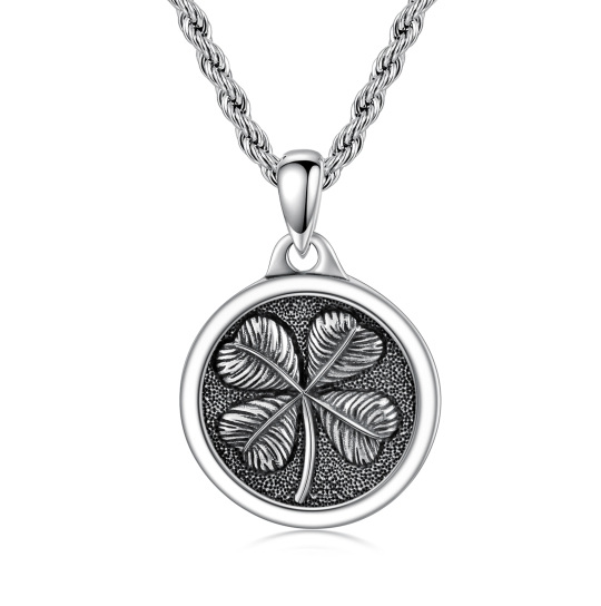 Sterling Silver Four Leaf Clover Pendant Necklace for Men