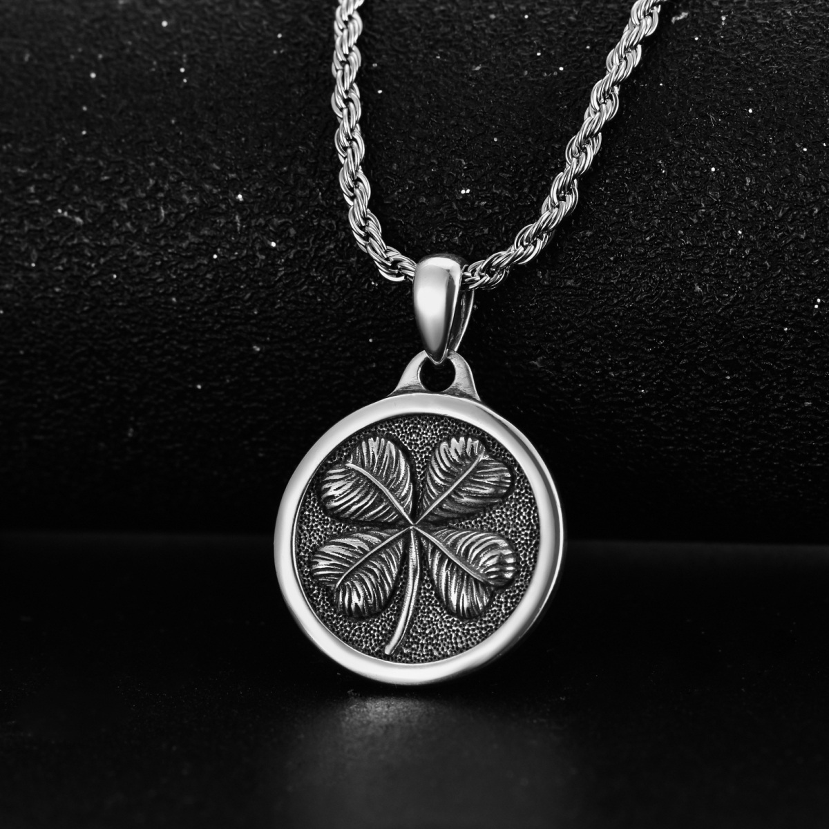 Sterling Silver Four Leaf Clover Pendant Necklace for Men-4