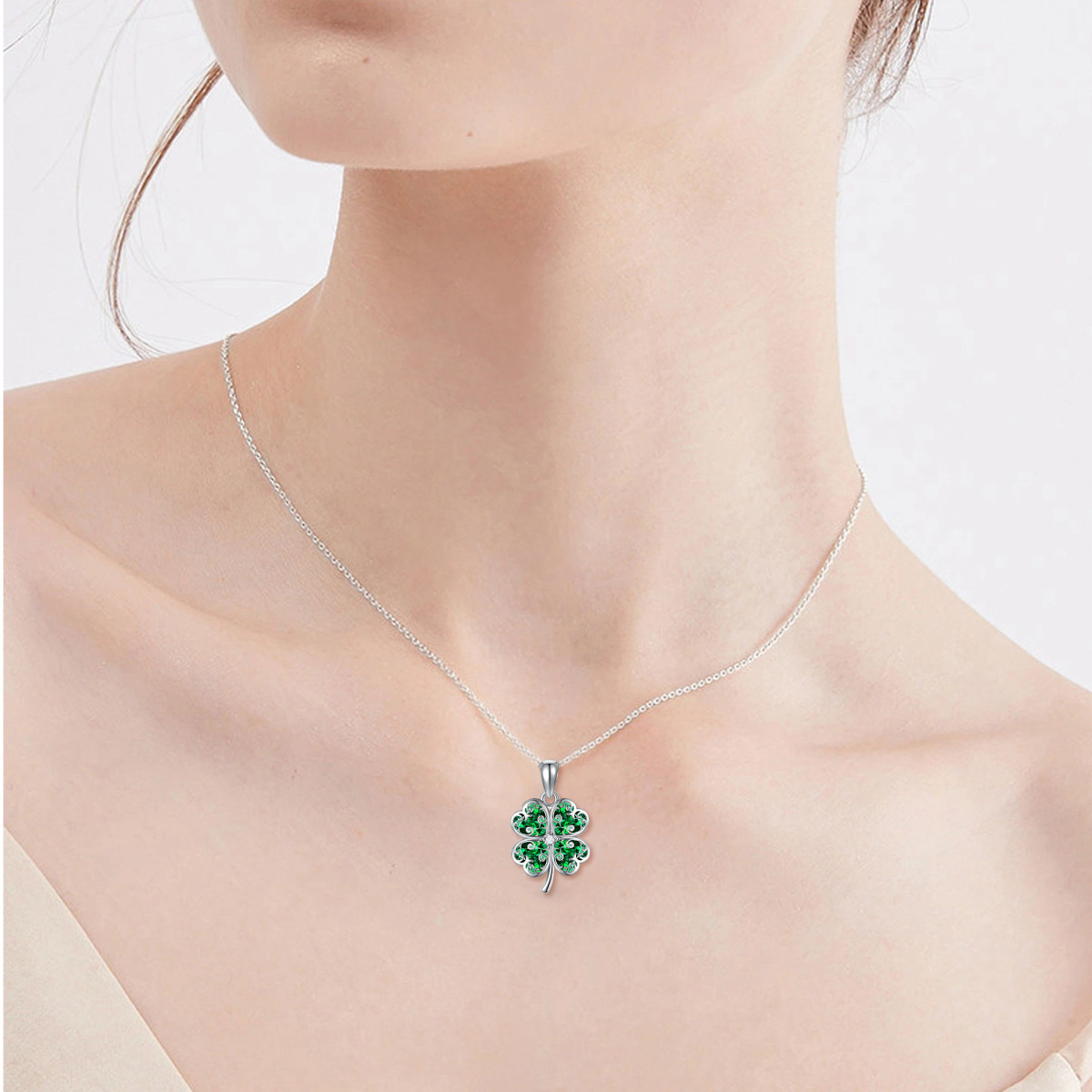 Sterling Silver Cubic Zirconia Four Leaf Clover Pendant Necklace-2