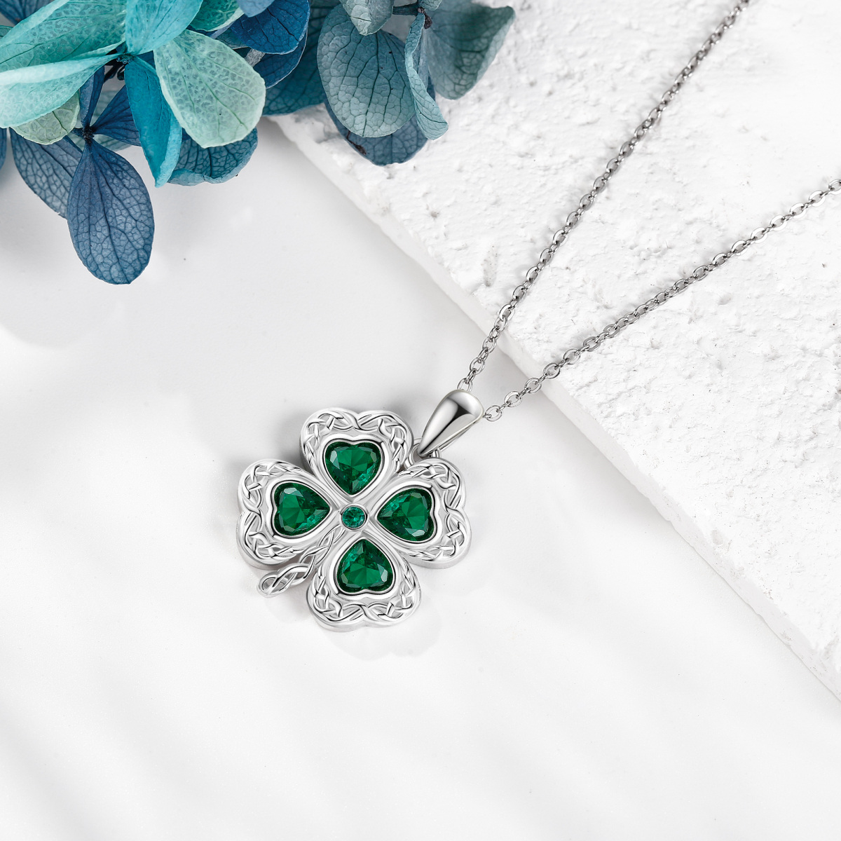 Sterling Silver Cubic Zirconia Four Leaf Clover Pendant Necklace-3