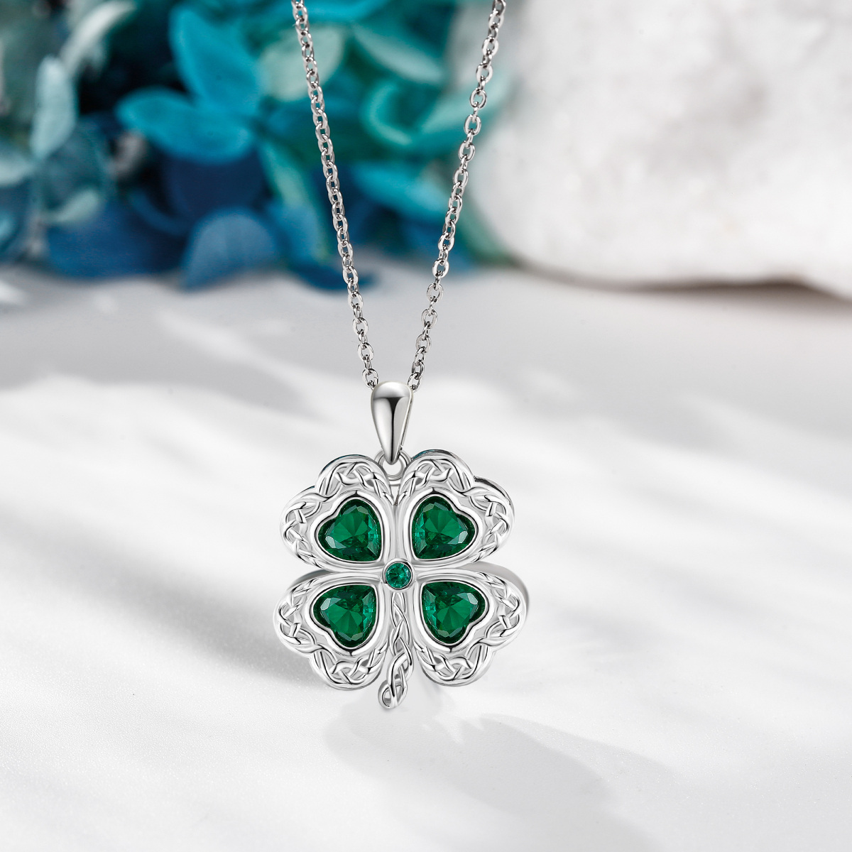 Sterling Silver Cubic Zirconia Four Leaf Clover Pendant Necklace-4