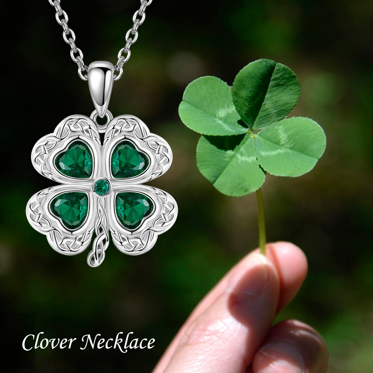 Sterling Silver Cubic Zirconia Four Leaf Clover Pendant Necklace-5