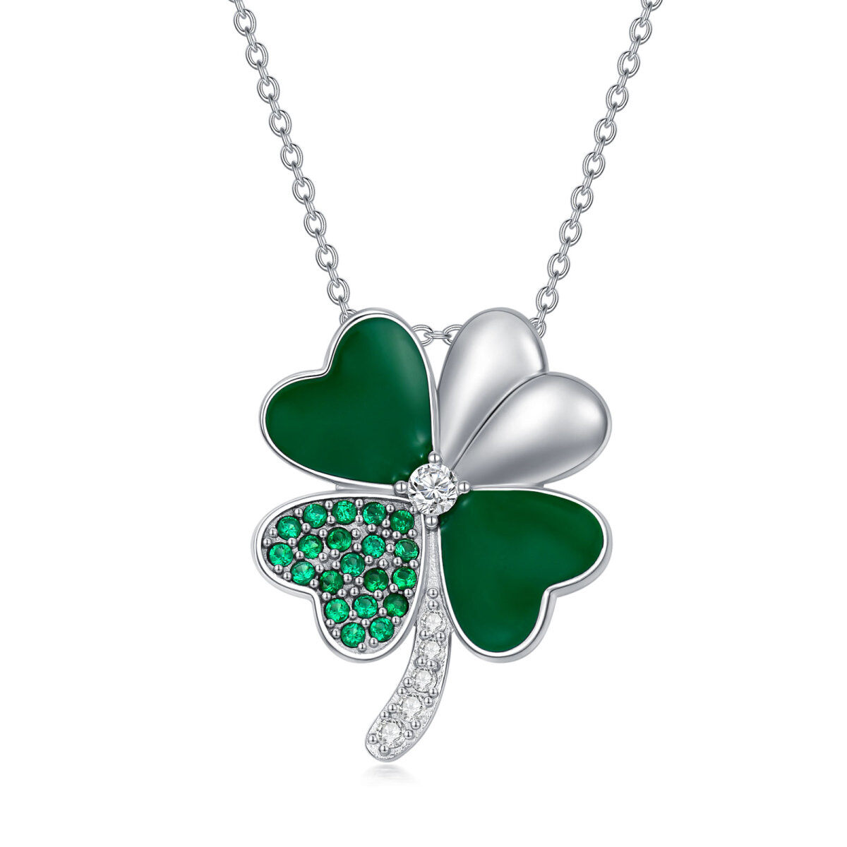 Sterling Silver Cubic Zirconia Four Leaf Clover Pendant Necklace-1