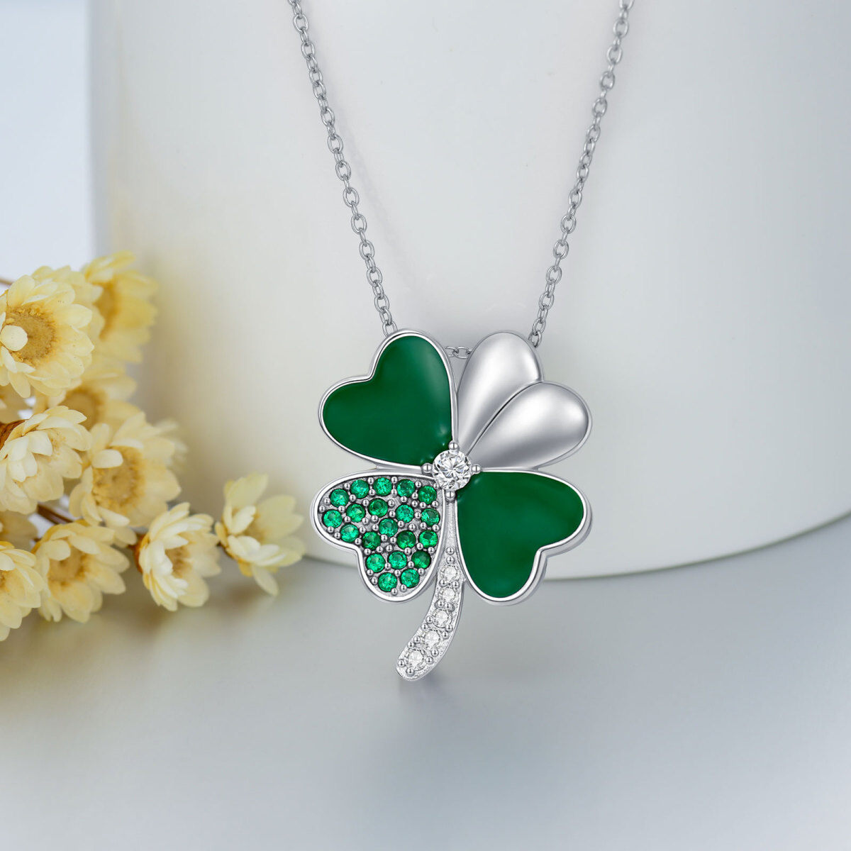 Sterling Silver Cubic Zirconia Four Leaf Clover Pendant Necklace-4