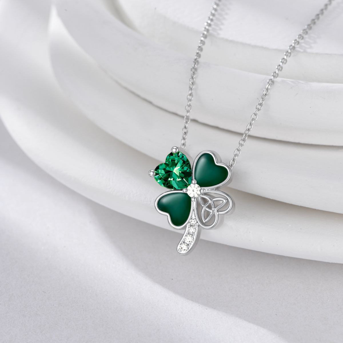 Sterling Silver Cubic Zirconia Four-leaf Clover Pendant Necklace-3