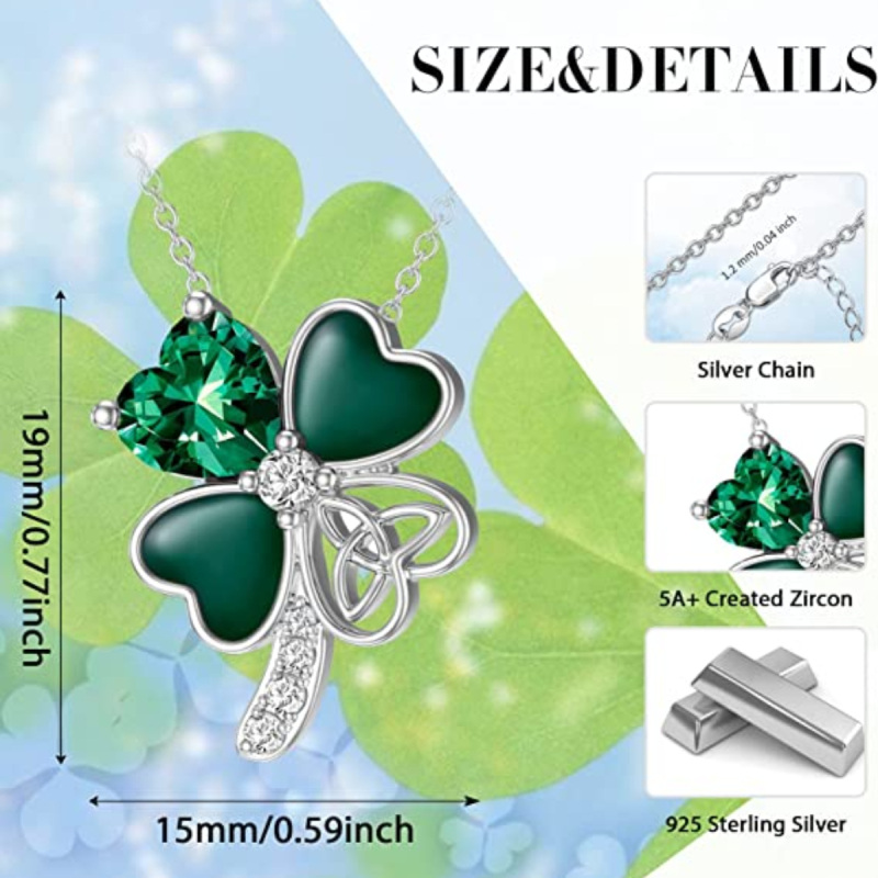 Colar com pingente de trevo de quatro folhas em prata de lei com zircónias cúbicas-5