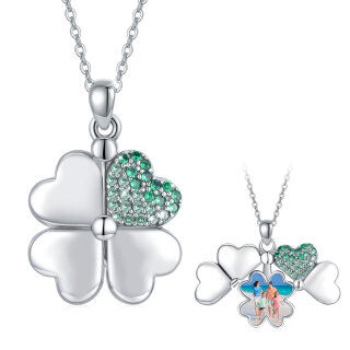 Sterling Silver Cubic Zirconia Four-leaf Clover Personalized Photo Locket Necklace-56