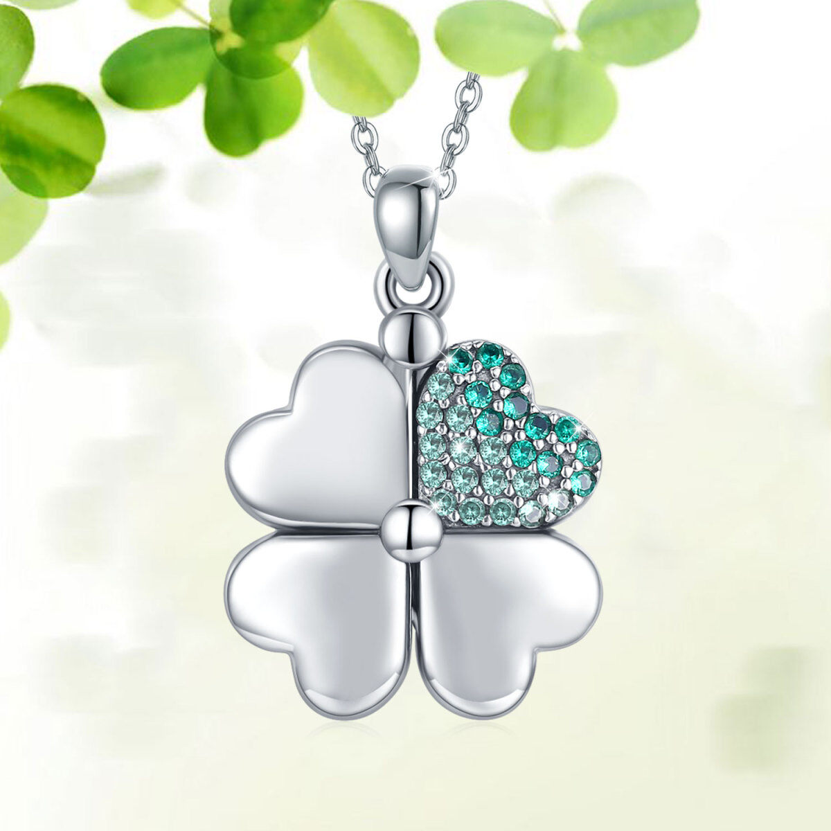 Sterling Silver Cubic Zirconia Four-leaf Clover Personalized Photo Locket Necklace-2