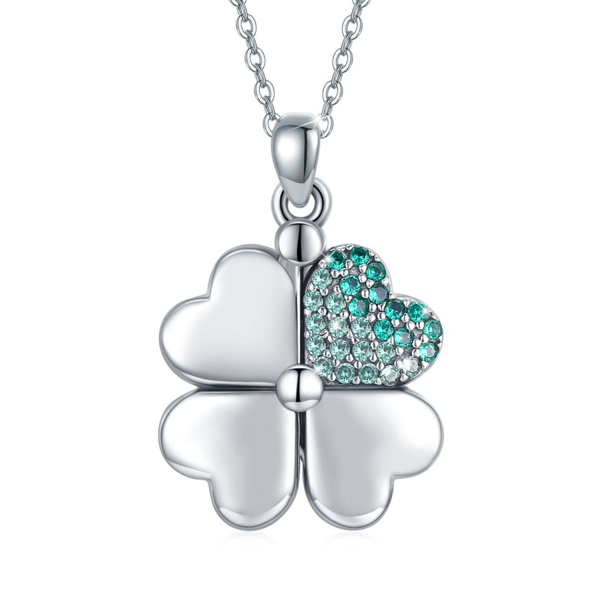 Sterling Silver Cubic Zirconia Four-leaf Clover Personalized Photo Locket Necklace-3