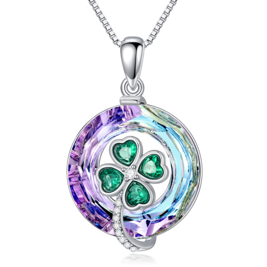 Sterling Silver Four Leaf Clover & Round Crystal Pendant Necklace