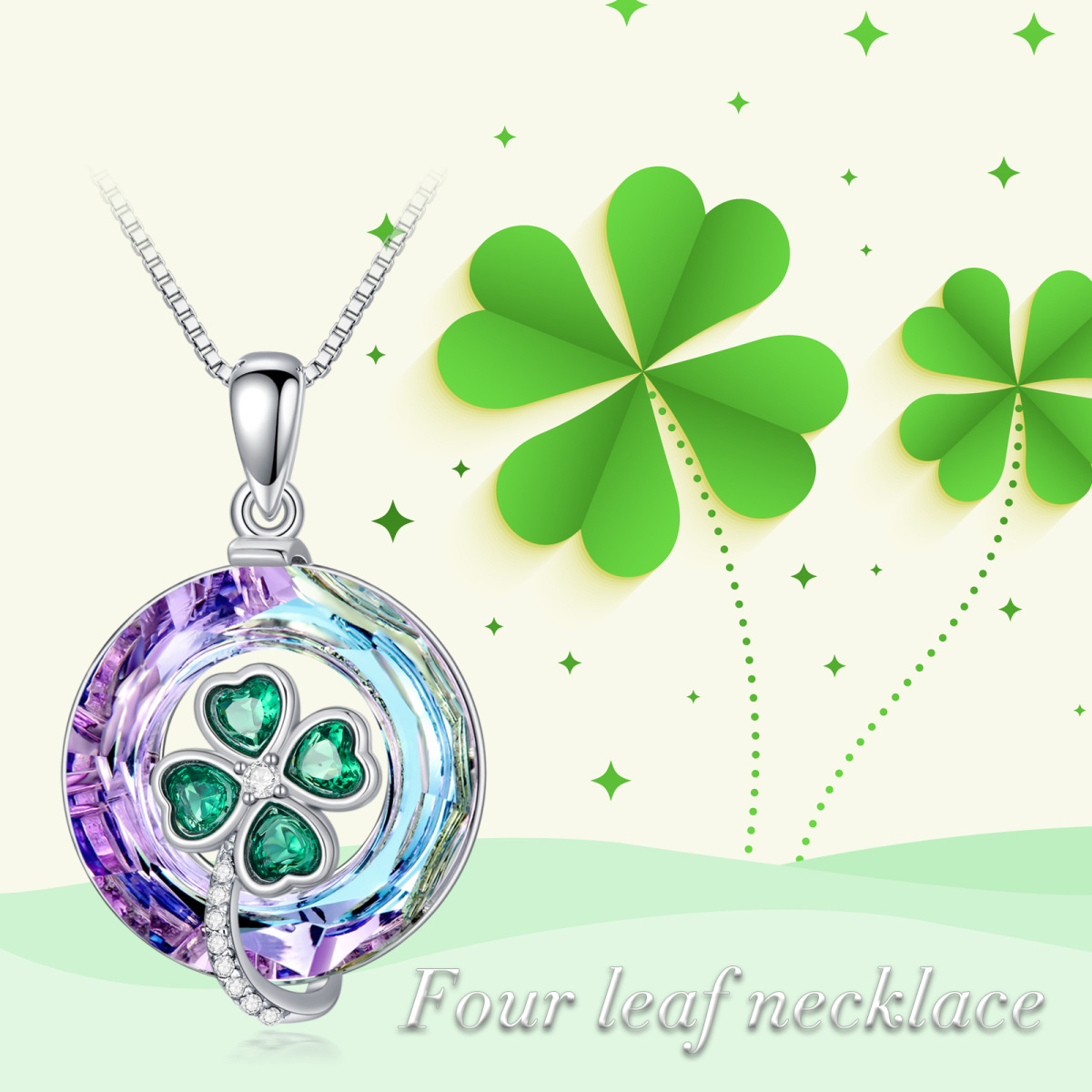 Sterling Silver Four Leaf Clover & Round Crystal Pendant Necklace-6