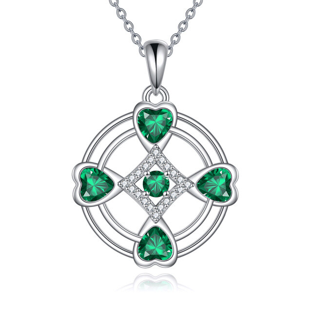 Sterling Silver Cubic Zirconia Four Leaf Clover & Round Pendant Necklace-1