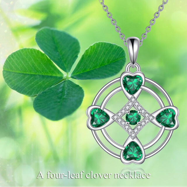 Sterling Silver Cubic Zirconia Four Leaf Clover & Round Pendant Necklace-6