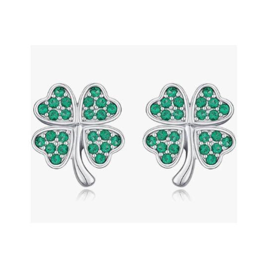 Sterling Silver Cubic Zirconia Four Leaf Clover Stud Earrings-1