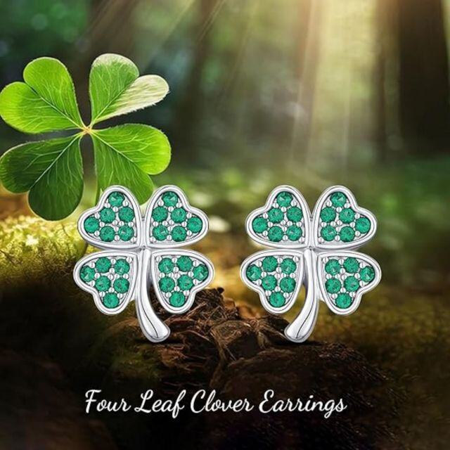 Sterling Silver Cubic Zirconia Four Leaf Clover Stud Earrings-4