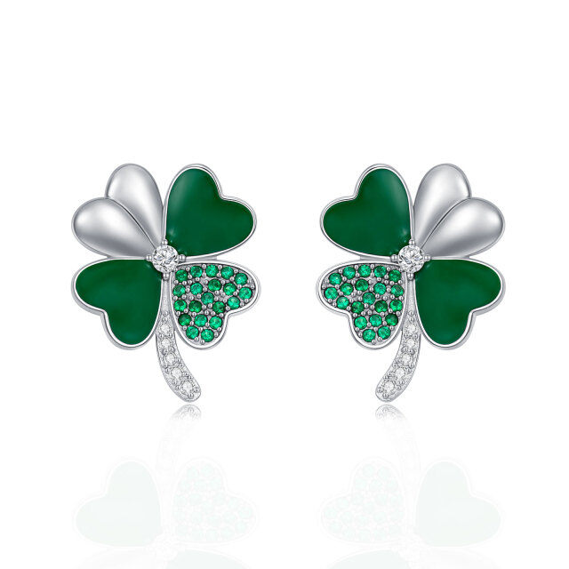 Sterling Silver Cubic Zirconia Four Leaf Clover Stud Earrings-1