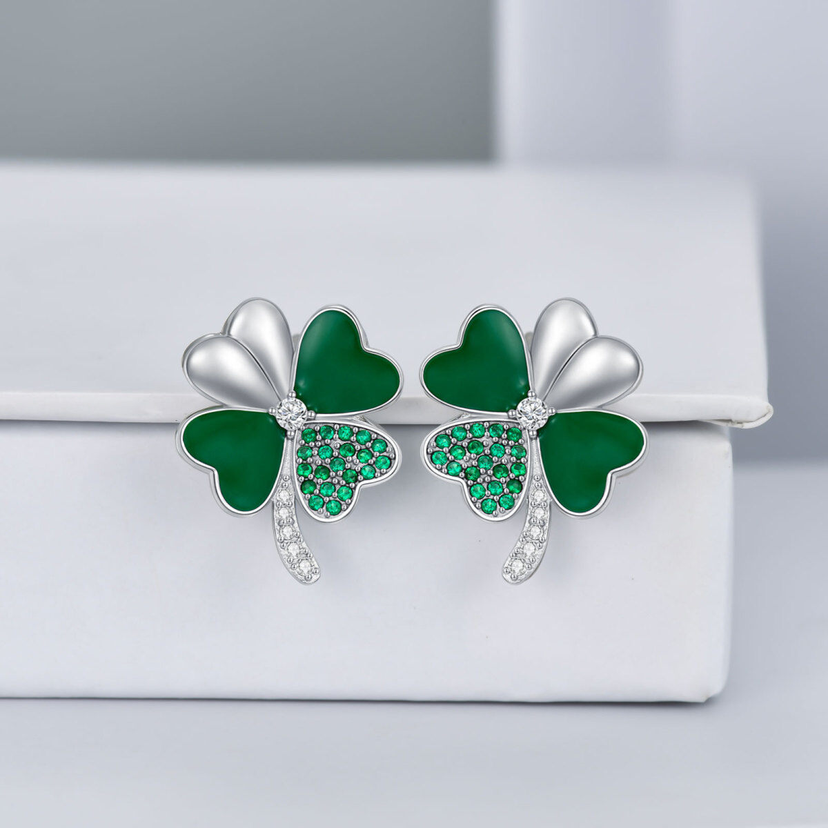 Sterling Silver Cubic Zirconia Four Leaf Clover Stud Earrings-3