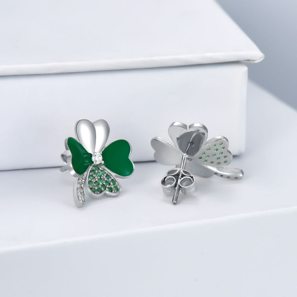 Sterling Silver Cubic Zirconia Four Leaf Clover Stud Earrings-4