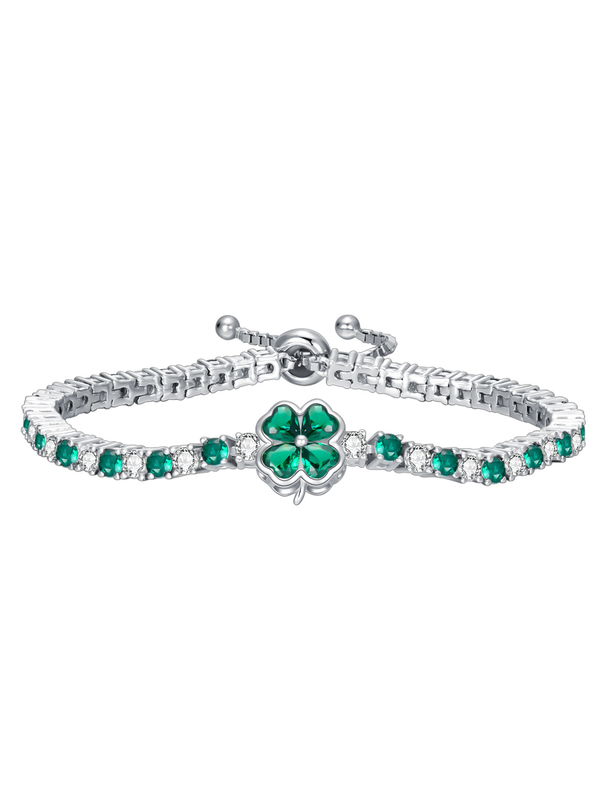 Sterling Silver Cubic Zirconia Four Leaf Clover Tennis Chain Bracelet-1