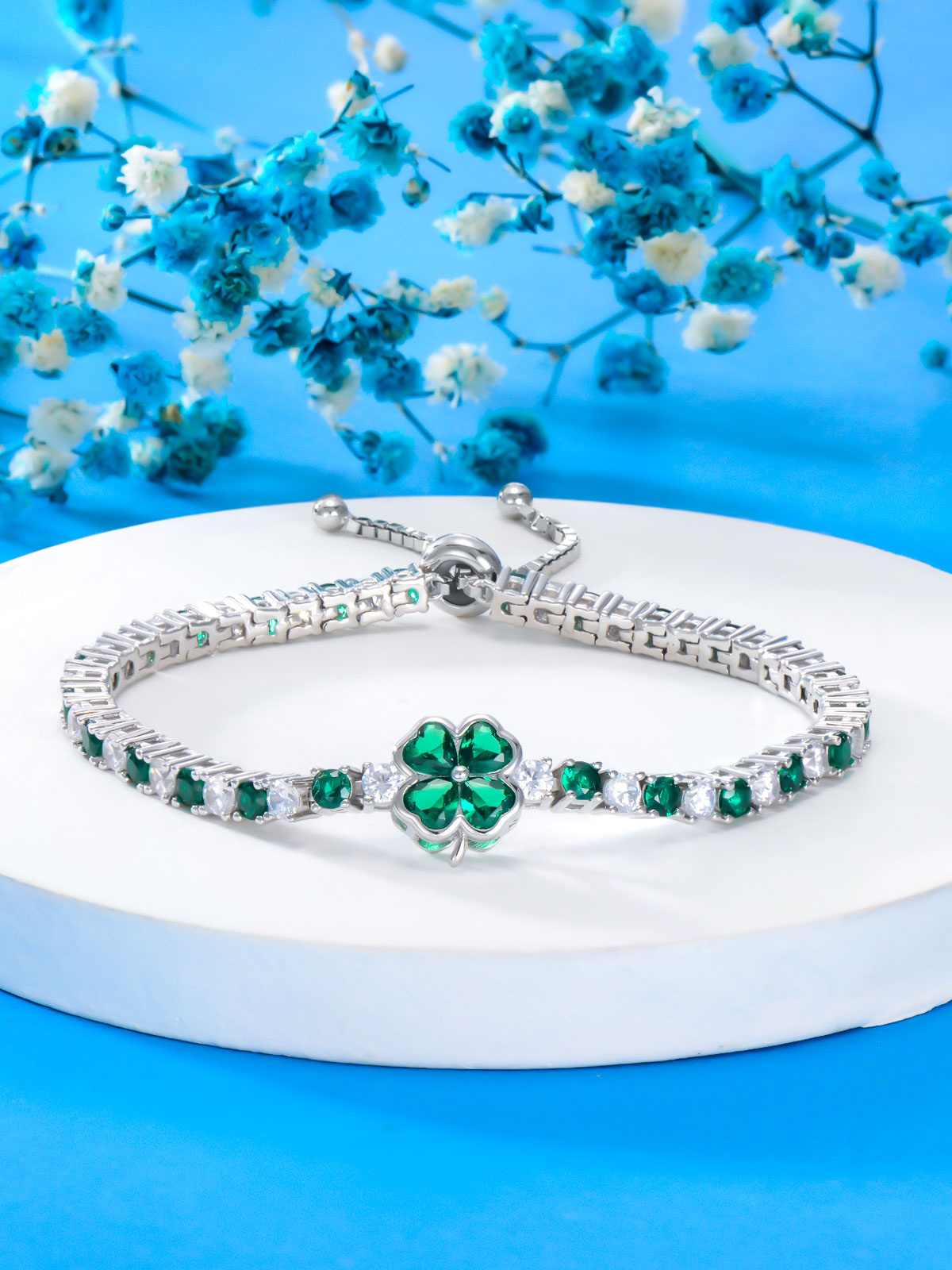 Sterling Silver Cubic Zirconia Four Leaf Clover Tennis Chain Bracelet-4