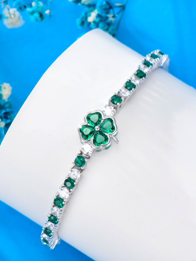 Sterling Silver Cubic Zirconia Four Leaf Clover Tennis Chain Bracelet-5