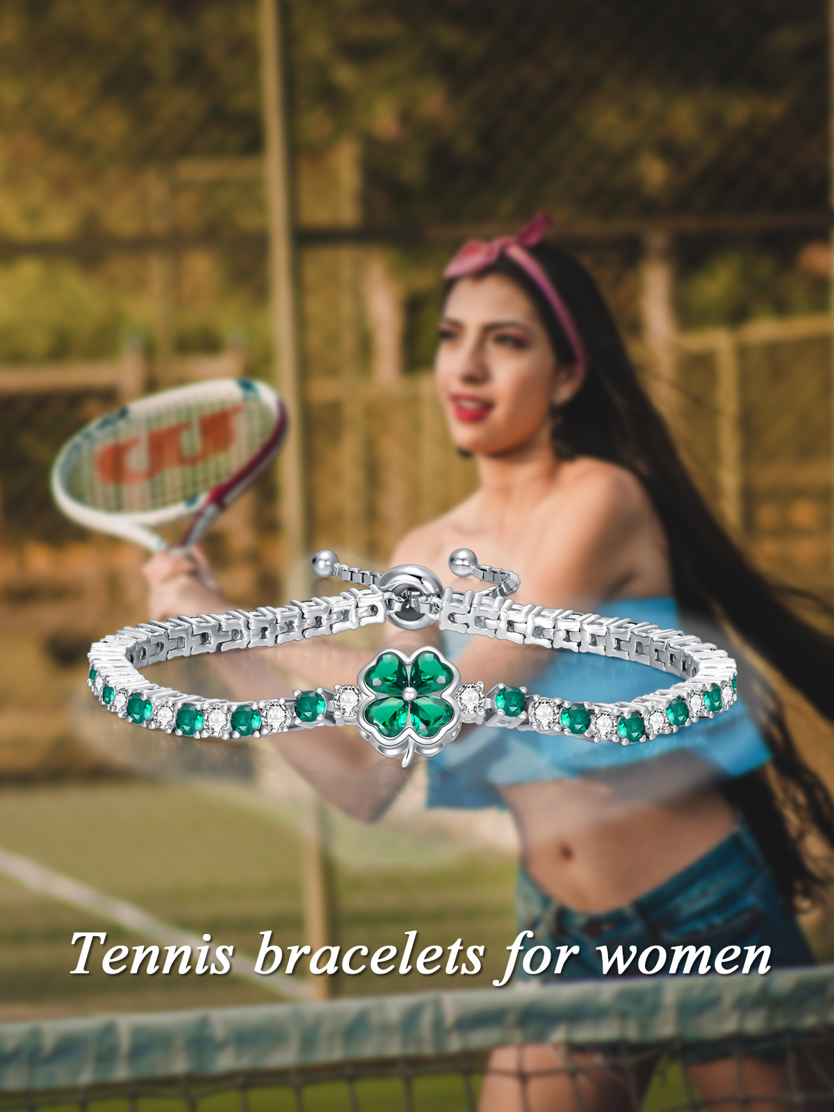 Pulsera de cadena de tenis con trébol de cuatro hojas y circonita cúbica en plata de ley-7