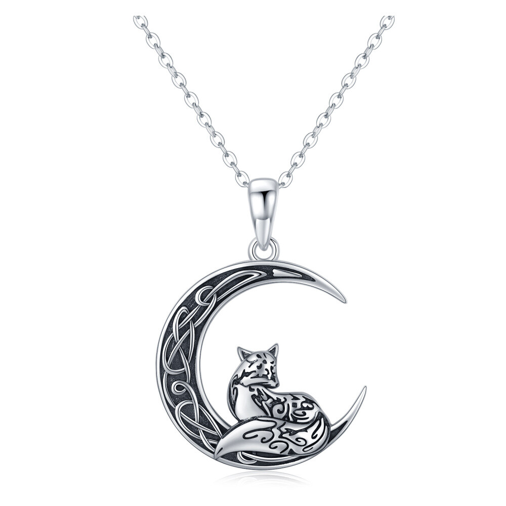 Sterling Silver Fox & Celtic Knot With Moon Pendant Necklace For Women-1