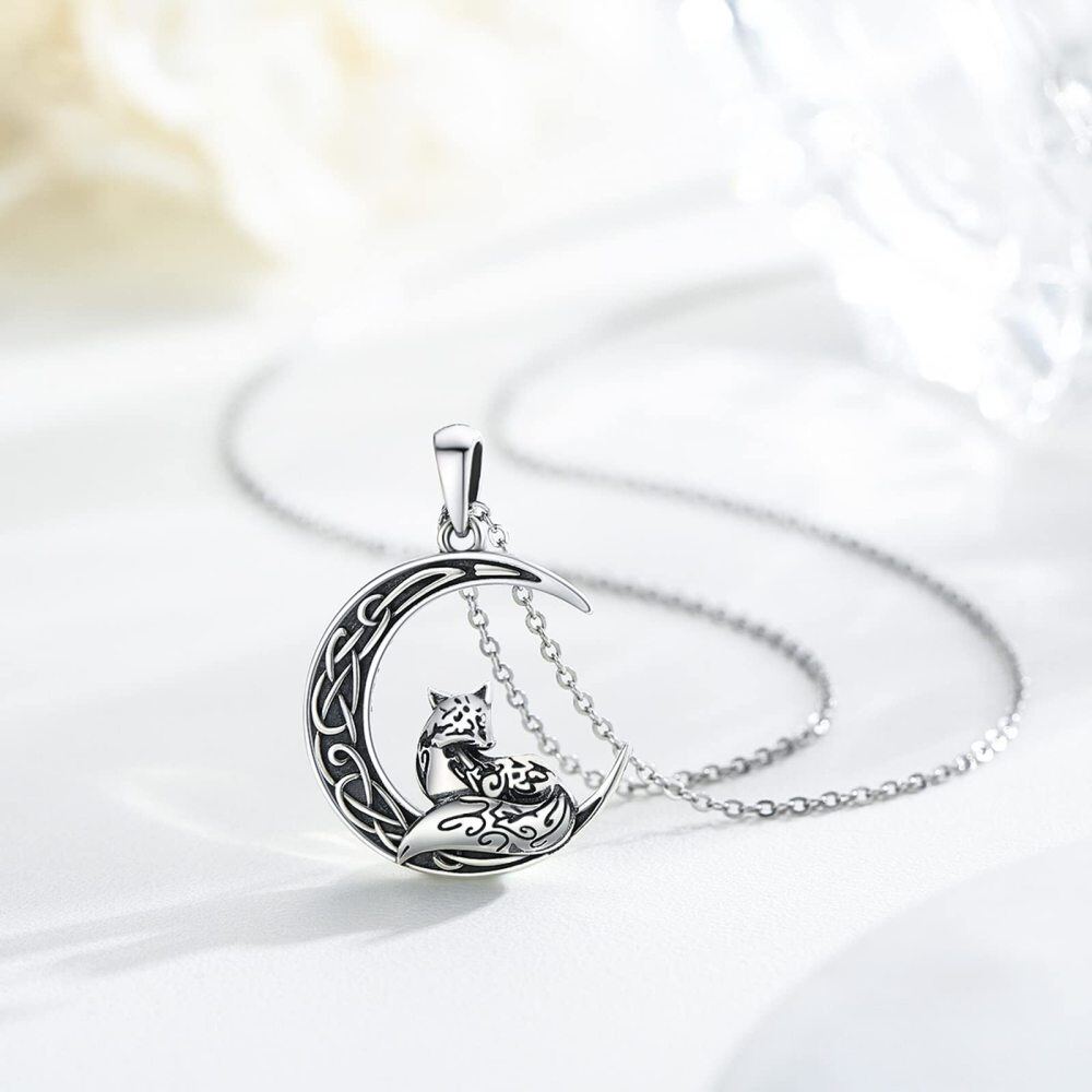 Sterling Silver Fox & Celtic Knot With Moon Pendant Necklace For Women-4
