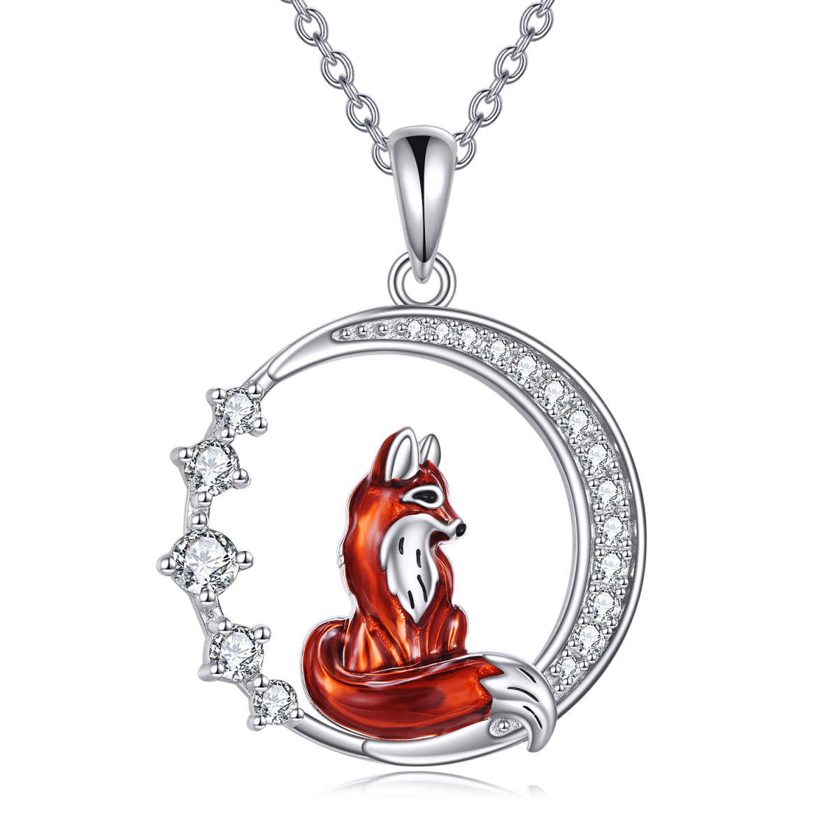 Sterling Silver Cubic Zirconia Fox & Moon Pendant Necklace-1