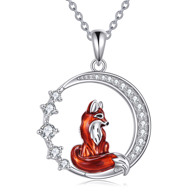 Sterling Silver Cubic Zirconia Fox & Moon Pendant Necklace-17