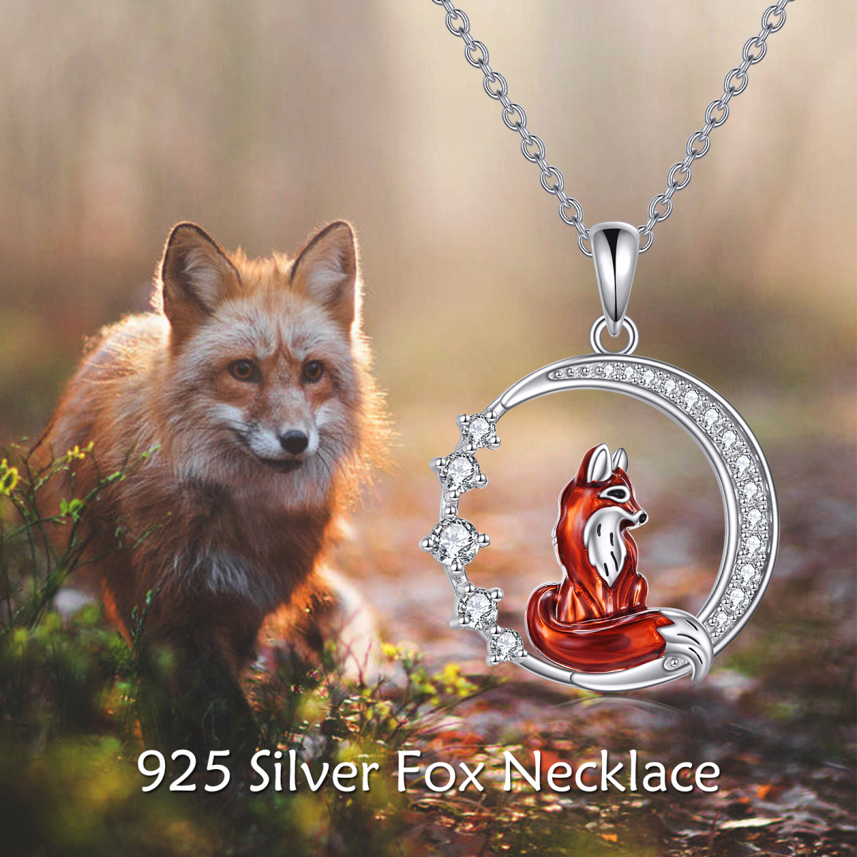 Sterling Silver Cubic Zirconia Fox & Moon Pendant Necklace-3