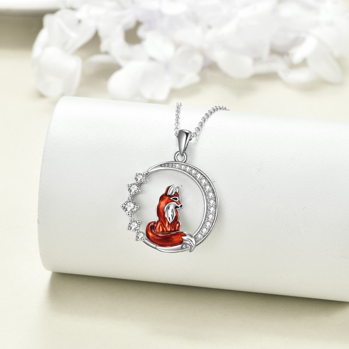 Sterling Silver Cubic Zirconia Fox & Moon Pendant Necklace-4