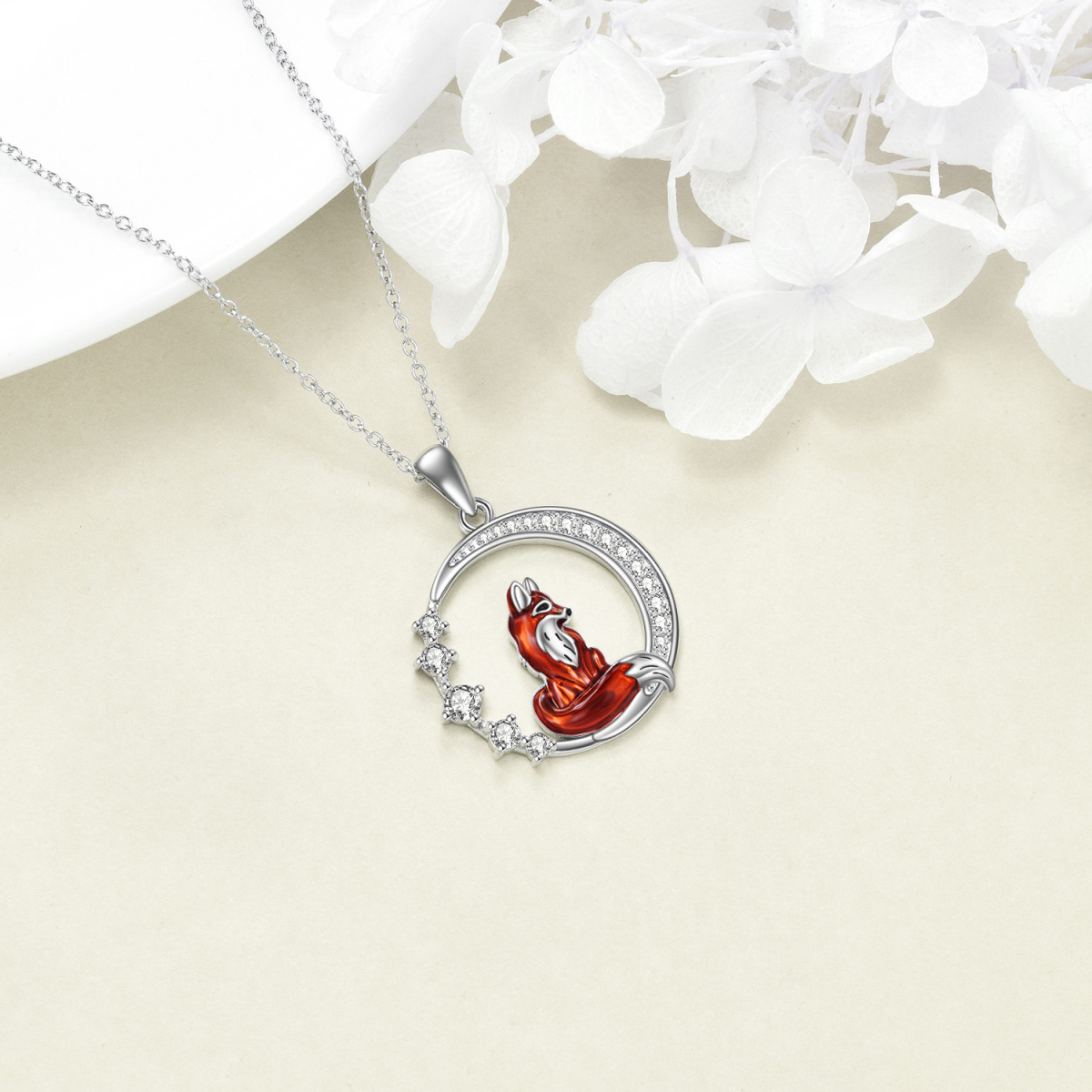 Sterling Silver Cubic Zirconia Fox & Moon Pendant Necklace-5