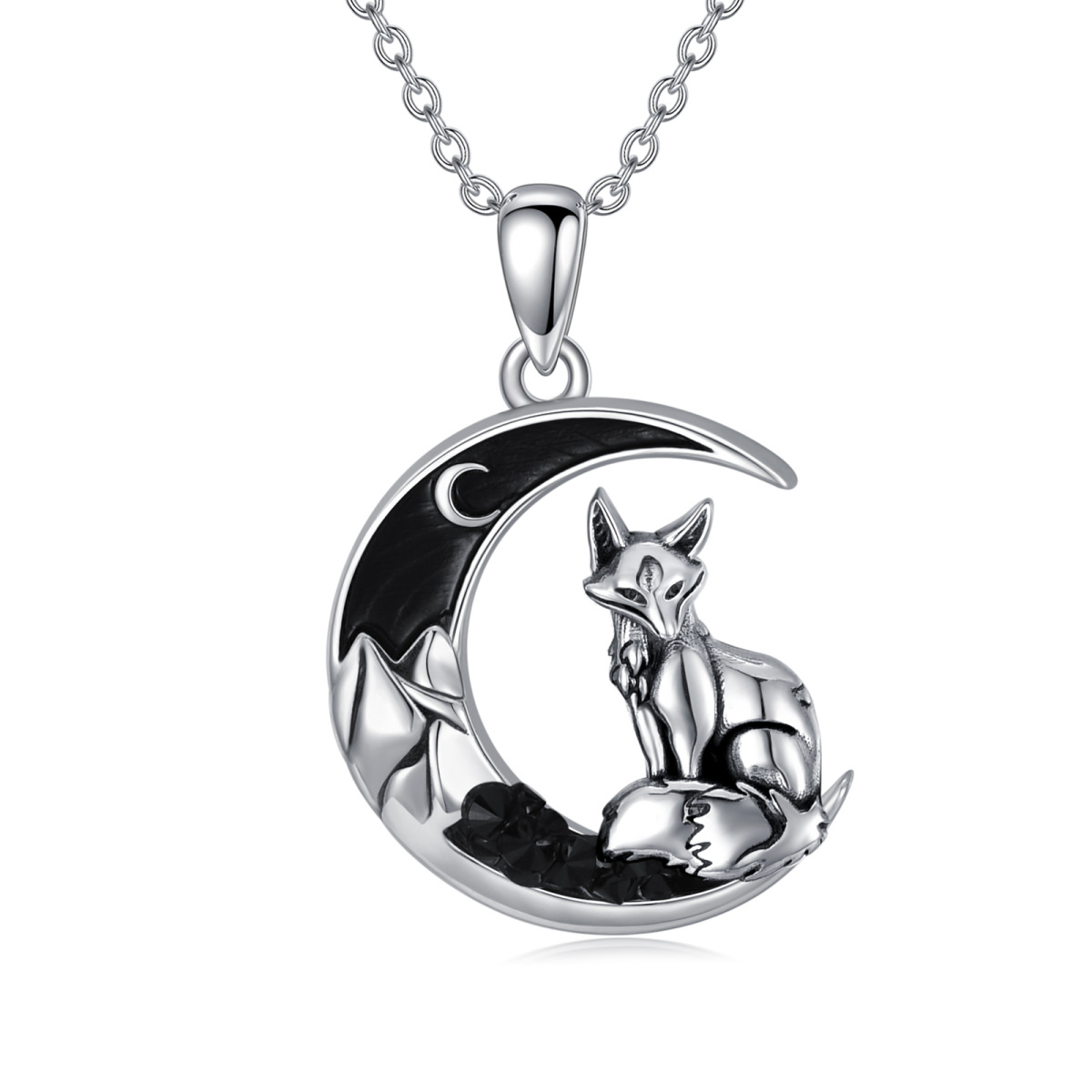 Sterling Silver Fox & Moon Pendant Necklace-1