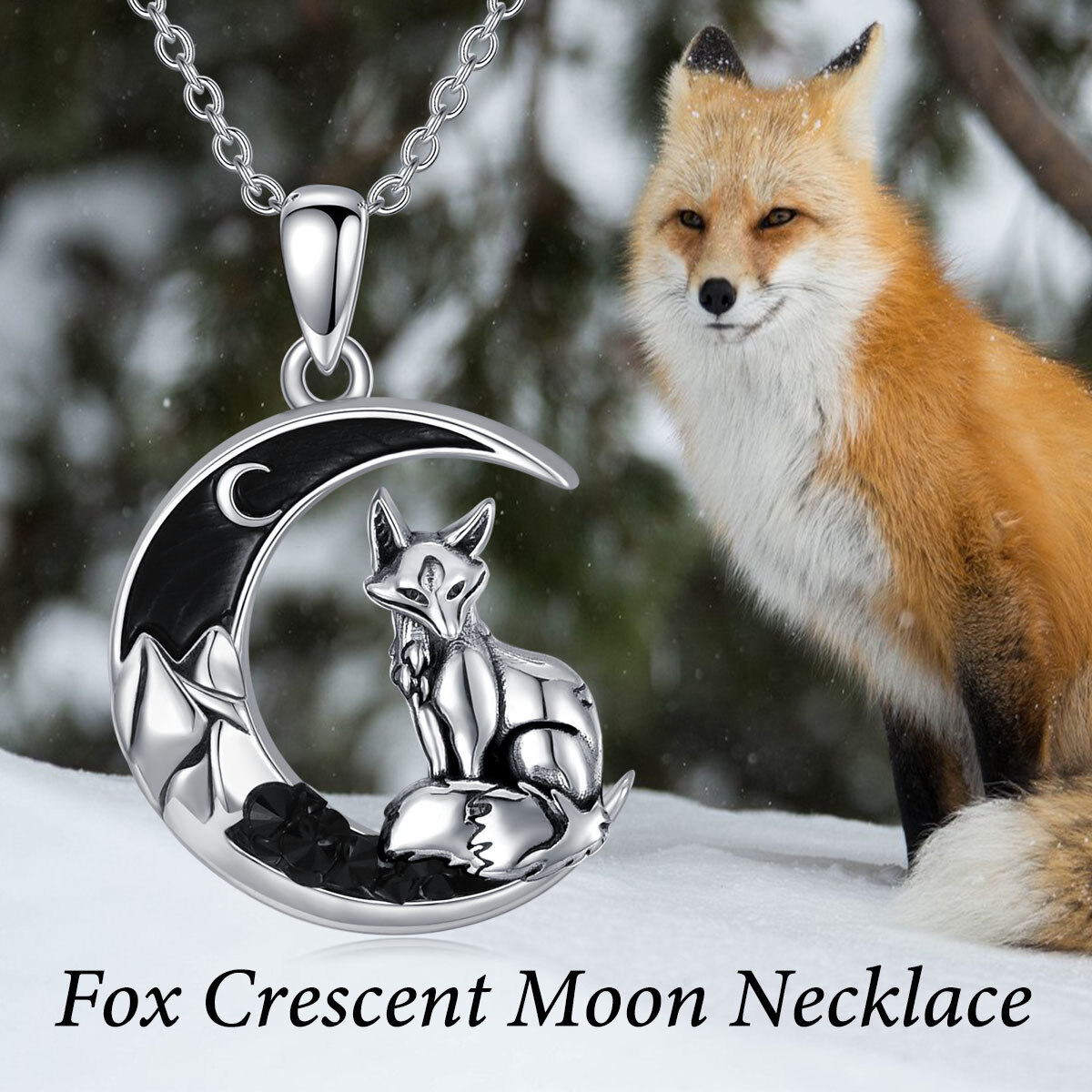 Sterling Silver Fox & Moon Pendant Necklace-3