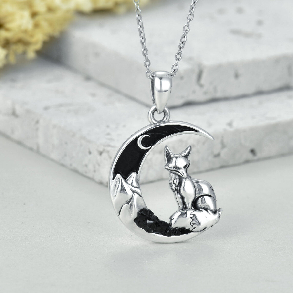 Sterling Silver Fox & Moon Pendant Necklace-5