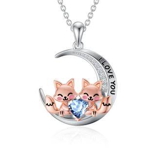 Sterling Silver Two-tone Cubic Zirconia Fox & Moon Pendant Necklace with Engraved Word-55