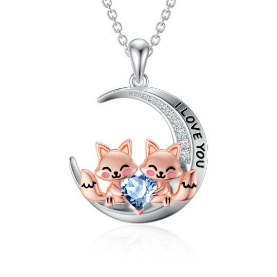 Sterling Silver Two-tone Cubic Zirconia Fox & Moon Pendant Necklace with Engraved Word