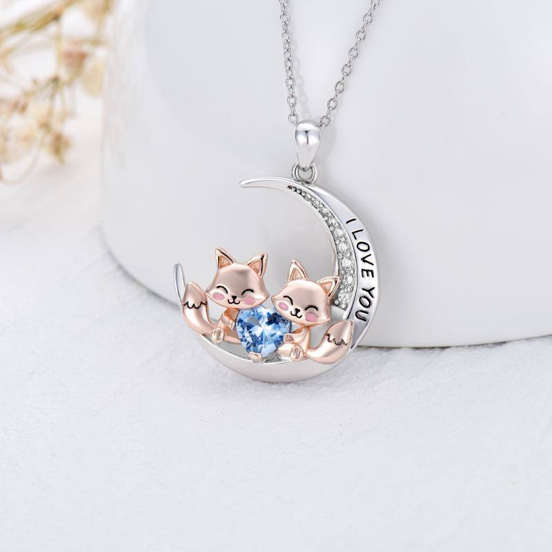 Sterling Silver Two-tone Cubic Zirconia Fox & Moon Pendant Necklace with Engraved Word-3