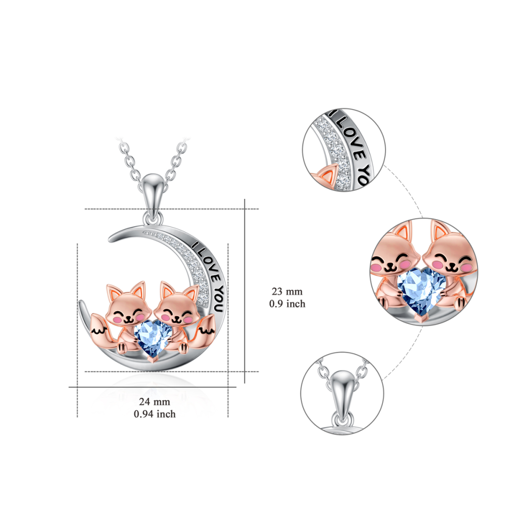 Collar con colgante de luna y zorro con circonita cúbica de dos tonos en plata de ley y palabra grabada-5