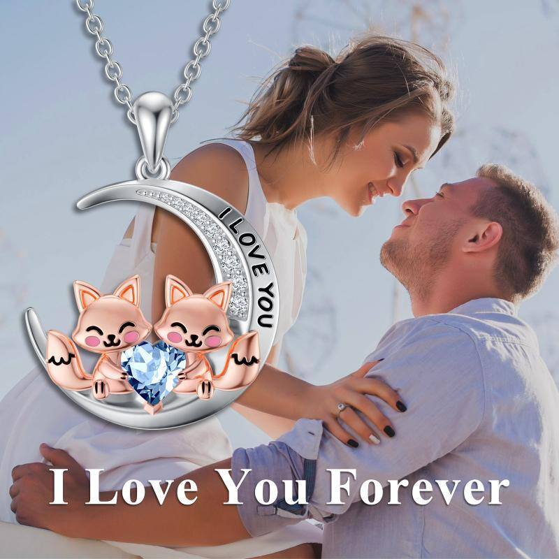 Collar con colgante de luna y zorro con circonita cúbica de dos tonos en plata de ley y palabra grabada-6