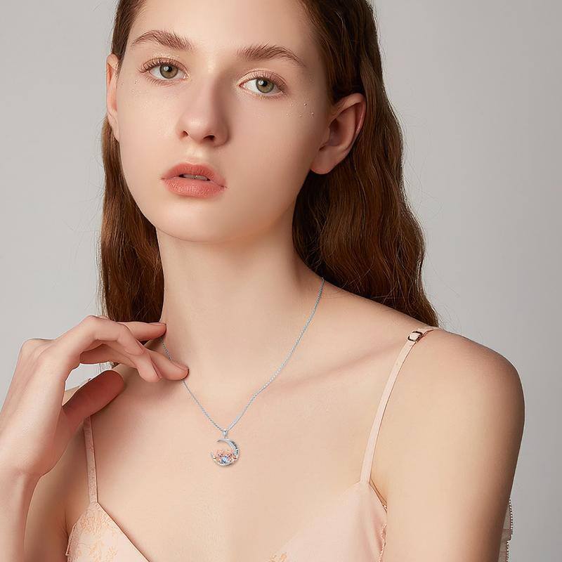 Collar con colgante de luna y zorro con circonita cúbica de dos tonos en plata de ley y palabra grabada-2