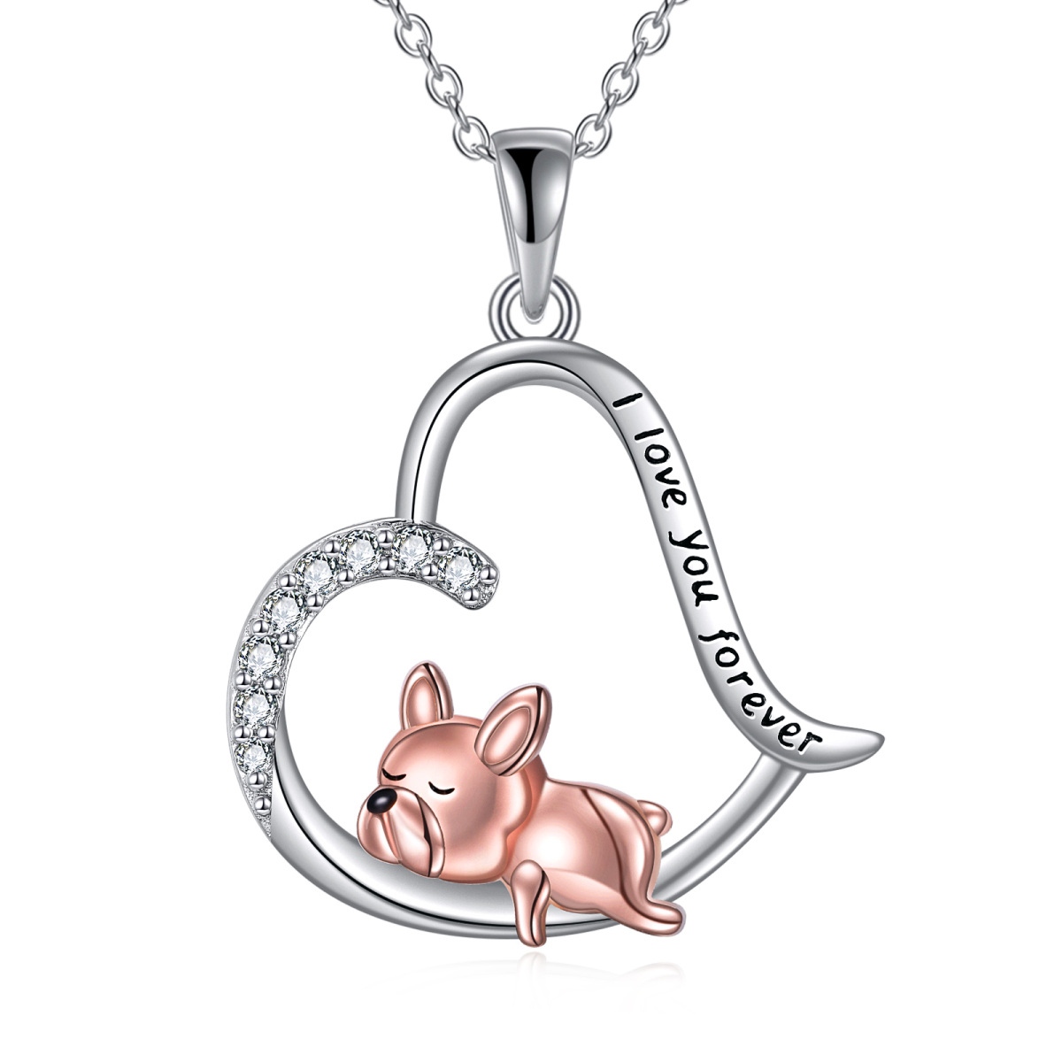 Sterling Silver Two-tone Cubic Zirconia Dog Pendant Necklace-1