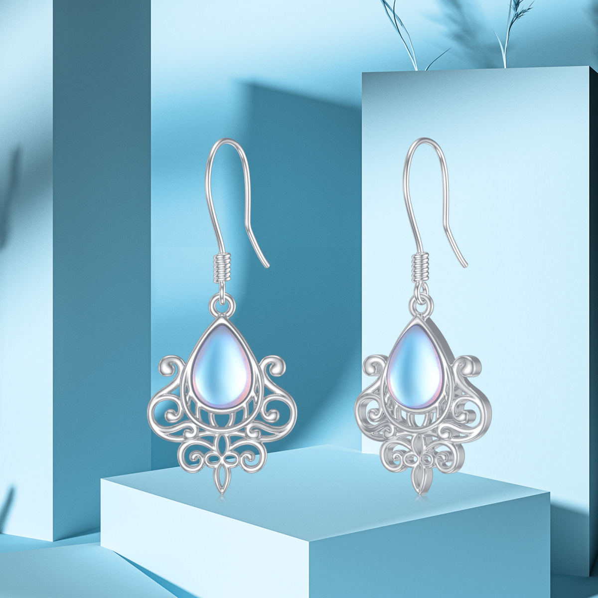 Sterling Silver French Style Moonstone Drop Hook Earrings-5