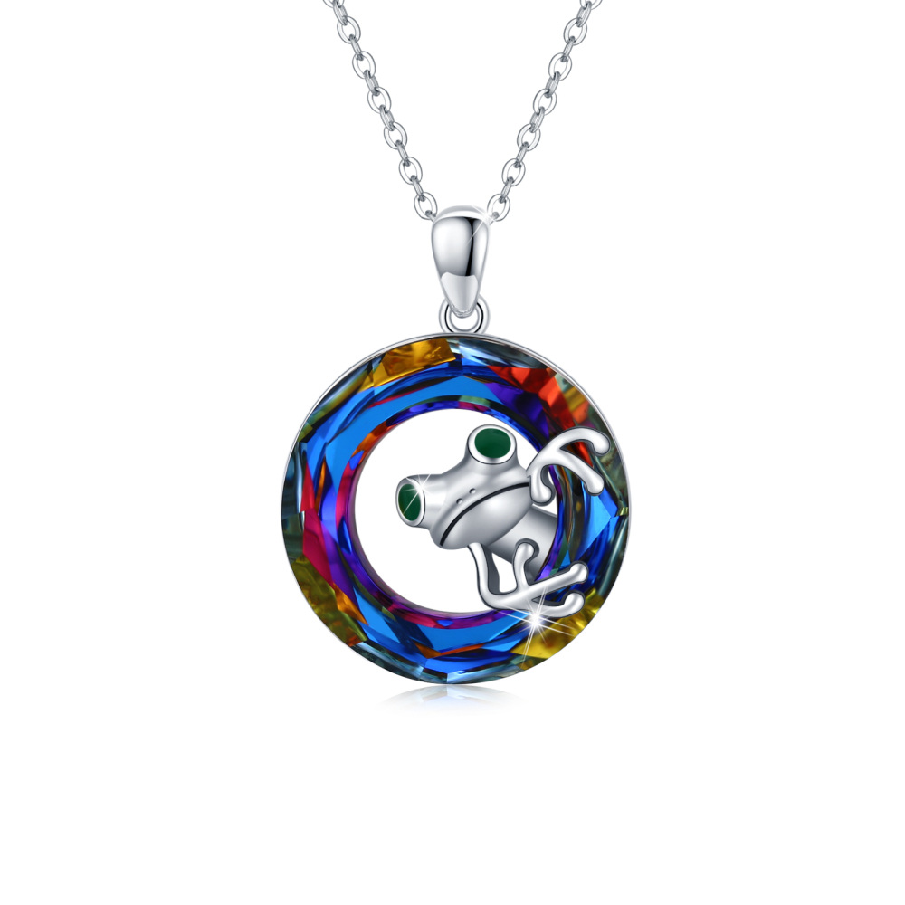 Sterling Silver Frog Crystal Pendant Necklace-1