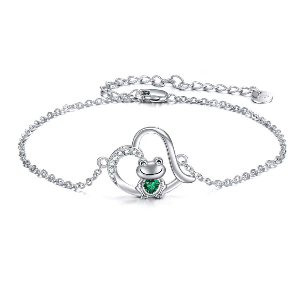 Sterling Silver Cubic Zirconia Frog & Heart Charm Bracelet-1