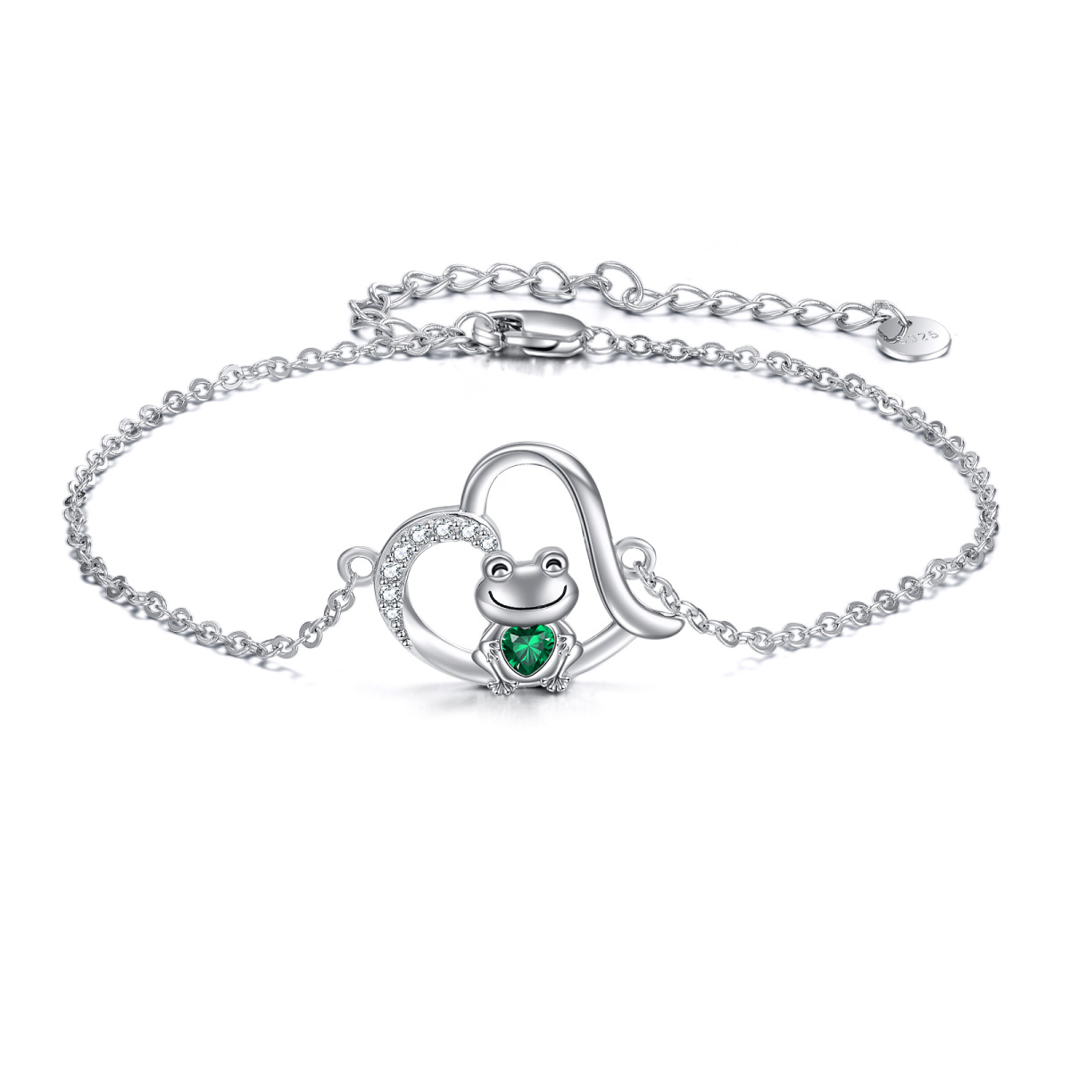 Pulsera de plata de ley con colgante de corazón y rana de circonita-1